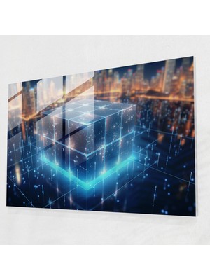 Popcasso Parlayan Blockchain Cam Tablo - Modern Sanat Temalı Duvar Dekoru, Bağlantılı Noktalar Deseni