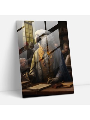 Popcasso Insan Kıyafetlerine Bürünmüş Hayvanlar Cam Tablo - Akıllı Papağan Temalı Dekoratif Cam Tablo