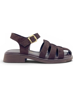 Vieris Koyu Kahve Süet Hakiki Deri Şık Toka Detaylı Günlük Kadın Sandalet (187004)