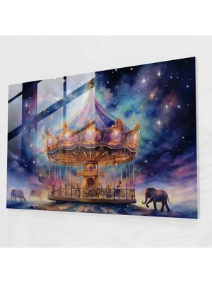 Popcasso Sirk Modern Sanat Suluboya Illüstrasyon Temperli Cam Tablo / Carousel Dreams