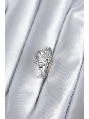 Kocadal Mht Pirinç Gümüş Renk Zirkon Taşlı Kalp Charm Model Kadın Yüzük Mht