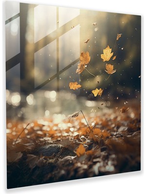 Popcasso Dökülen Yapraklar Temperli Cam Tablo - Sonbahar Bokeh Etkili Dekoratif Tablo