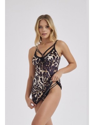 Moonlight 304 Leopar Dekolteli Ipli Fantezi Gecelik Takım