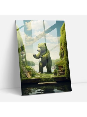 Popcasso Insan Kıyafetleri Giymiş Ayı Cam Tablo - Fantastik Topi Bahçe Temperli Cam Tablo