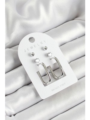 Kocadal Mht Pirinç Zirkon Taş ve Dikdörtgen Figürlü Gümüş Renk 3'lü Çift Kadın Küpe Set Mht