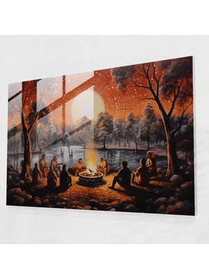Popcasso Ateş Etrafında Toplanma Temalı Temperli Cam Tablo - Aborjin Sanatı ile Duvar Dekorasyonu