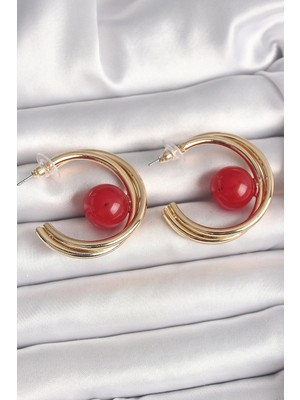 Kocadal Mht Pirinç Gold Renk Halka Model Kırmızı Boncuk Detay Kadın Küpe Mht