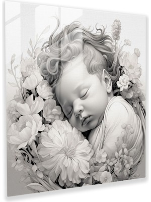 Popcasso Doğmuş Çiçek Desenli Temperli Cam Tablo - Modern Sanat Siyah ve Beyaz Çizgi Motifi