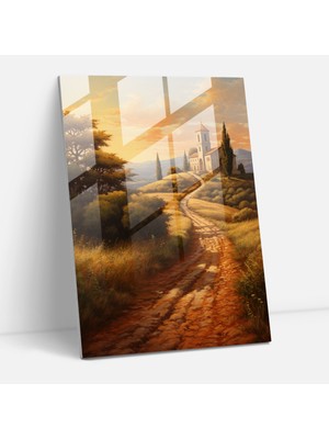 Popcasso Kırsal Kilise Manzarası Temperli Cam Tablo - Dekoratif Ev Aksesuarı