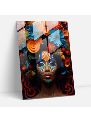 Popcasso Soyut Afro Temperli Cam Tablo - Afro Temalı Canlı Renkler ile Tasarlanmış Cam Tablo