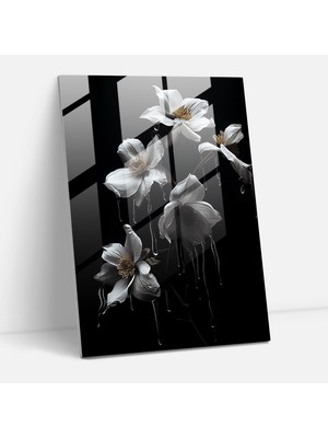 Popcasso Kanayan Çiçekler Temperli Cam Tablo - Koyu Arka Plan ile Modern Duvar Dekoru