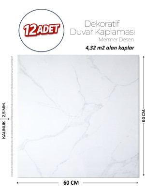 Brano 60X60 cm Kendinden Yapışkanlı Duvar,banyo,tezgah Arası Beyaz Mermer-12 Adet