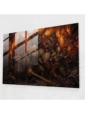 Popcasso Viking Temalı Antik Silahlar Cam Tablo - Duvar Dekorasyonu