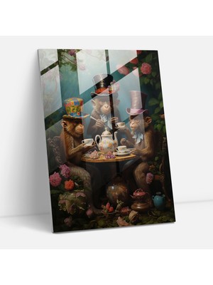 Popcasso Hayvanlar Insanlar Gibi Giyinmiş Temperli Cam Tablo - Viktoriyen Kıyafetlerle Çay Partisi Temalı Modern Sanat