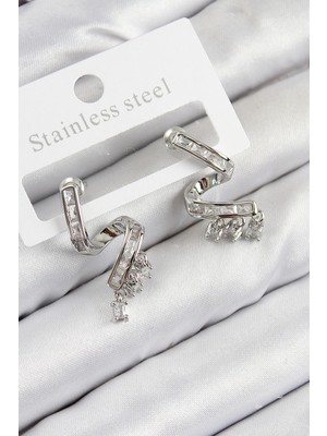 Kocadal Mht Pirinç Zirkon Taşlı Kıvrımlı Model Gümüş Renk Kadın Küpe Mht