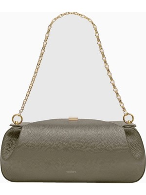 Yuzefi Oyster Taupe Pebble %100 Deri Lüks Italyan, Gold Detaylı Clutch ve Omuz Çantası