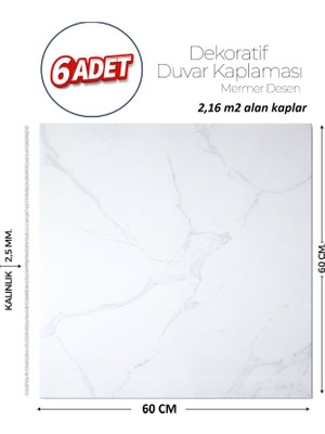 Brano 60X60 cm Kendinden Yapışkanlı Duvar,banyo,tezgah Arası BeyazMermer-6 Adet