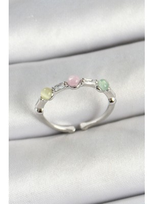 Kocadal Mht Pirinç Sıralı Boncuk Figürlü Zirkon Taşlı Gümüş Renk Ayarlanabilir Kadın Yüzük Mht