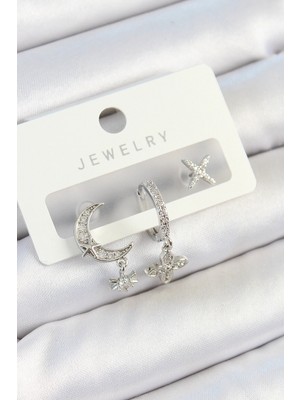 Kocadal Mht Pirinç Zirkon Taşlı Çiçek ve Ay Model Gümüş Renk 3'lü Çift Kadın Küpe Set Mht