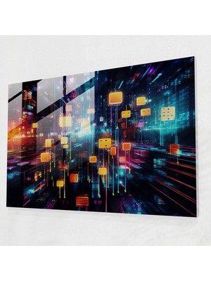 Popcasso Block Zinciri Cam Duvar Tablosu - Ev Dekorasyonu Için Modern Tasarım