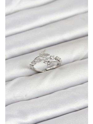 Kocadal Mht Pirinç Gümüş Renk Zirkon Taşlı Kelebek Model Kadın Yüzük Mht