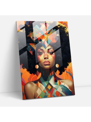 Popcasso Afro Geometrik Arkaplanlı Modern Dijital Cam Tablo - Afro Kadın Illüstrasyonu
