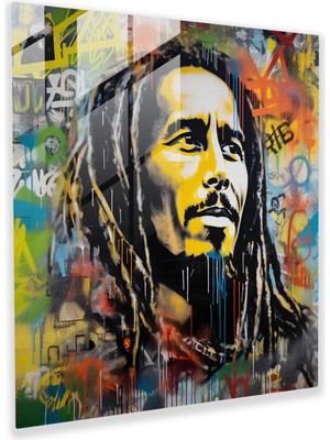 Popcasso Bob Marley Temalı Cam Tablo - Graffiti Sokak Sanatı - Duvar Dekorasyonu Için Graffiti Tarzı Tablo