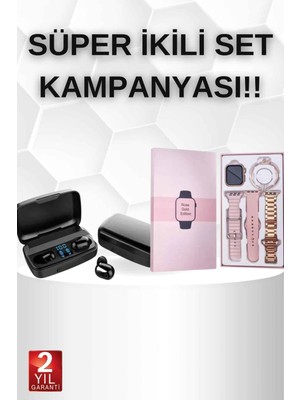 Calperia Wireless Şarjlı Pembe Akıllı Saat ve Kablosuz Bluetooth Kulaklık Dokunmatik Kontrol