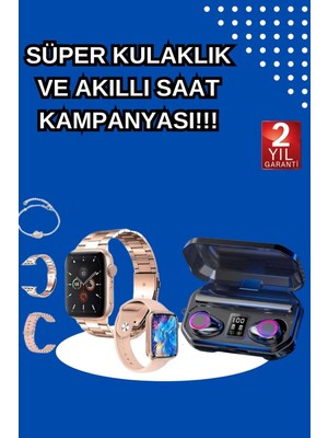 Calperia Kadınlar Için 3 Kordonlu Akıllı Saat ve Dijital Göstergeli Powerbankli Bluetooth Kulaklık Dokunmatik Kontrol