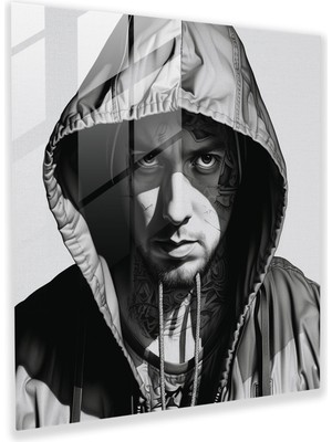 Popcasso Eminem Temalı Cam Tablo - Siyah Beyaz Duvar Tablosu