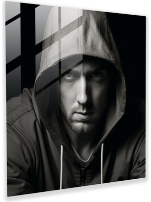 Popcasso Eminem Temalı Siyah Beyaz Cam Tablo: Yoğun Ifade - Modern Müzik Sanatı
