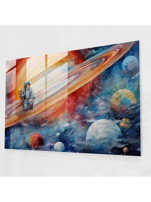 Popcasso Satürn Uzay Temalı Temperli Cam Tablo - Yüzen Astronot ve Dünya Manzarası ile Dekoratif Duvar Tablosu