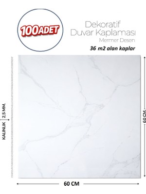 Brano 60X60 cm Kendinden Yapışkanlı Duvar,banyo,tezgah Arası Beyaz Mermer-100 Adet