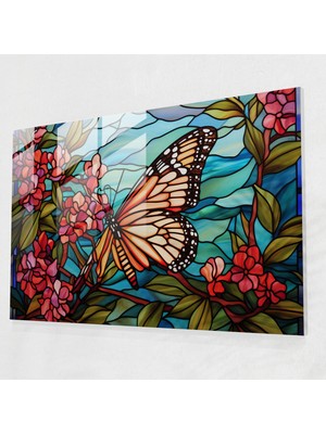 Popcasso Kelebekler Desenli Temperli Cam Tablo - Kurutulmuş Kelebekler ile Canlı Renkler, Modern Sanat Teması