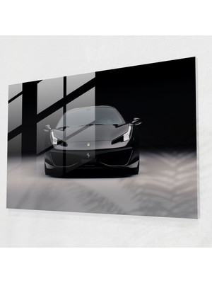 Popcasso Beyaz Arka Planda Minimalist Siyah Spor Araba Cam Tablo - Modern Sanat Duvar Dekorasyonu