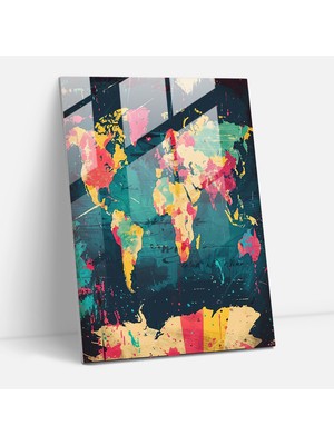 Popcasso Dünya Haritası Pop Art Temperli Cam Tablo - Klasik ve Pop Art Stilinin Birleşimi ile Modern Sanat Çizimi