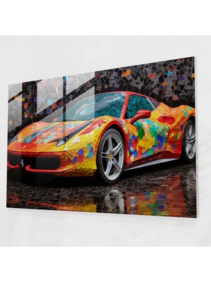 Popcasso Renkli Arabalı Mozaik Sanat Temperli Cam Tablo - Ferrari Teması ile Modern Duvar Dekorasyonu