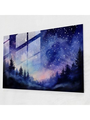 Popcasso Temperli Cam Tablo Dünya Modern Sanat Gece Gökyüzü Manzarası