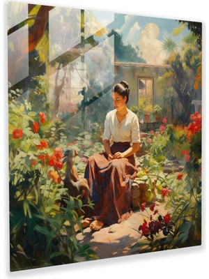 Popcasso Frida Kahlo Temalı Cam Tablo - Modern Sanat Bahçe Manzarası