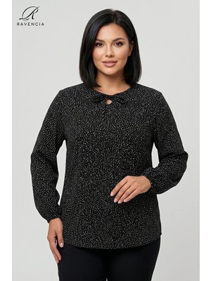 Ravencia Yıldız Desenli Likralı Bağcık Detaylı Bisiklet Yaka Viskon Büyük Beden Anne Penye Bluz