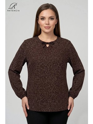 Ravencia Yıldız Desenli Likralı Bağcık Detaylı Bisiklet Yaka Viskon Büyük Beden Anne Penye Bluz