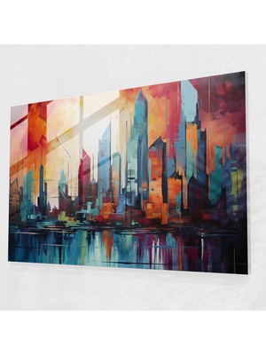 Popcasso Soyut Şehir Manzarası ile Graffiti Temperli Cam Tablo - Modern Sanat Temalı Dekoratif Parça
