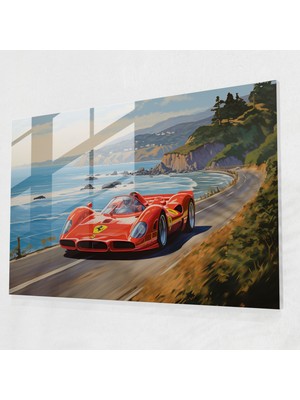 Popcasso Ferrari Temalı Cam Tablo - Modern Sanat Sahil Manzarası Ile Dekorasyon