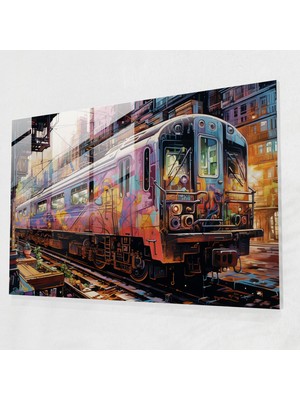 Popcasso Yoğun Şehir Grafiti Cam Duvar Tablosu - Grafiti Treni - Sokak Sanatı Temalı Dekoratif Cam Tablo
