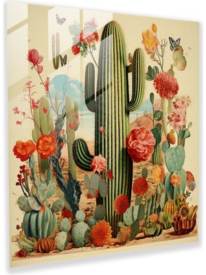 Popcasso Vintage Kaktüs Koleksiyonu Temperli Cam Tablo - Modern Sanat Illüstrasyonları ile Kaktüs Temalı Tasarım