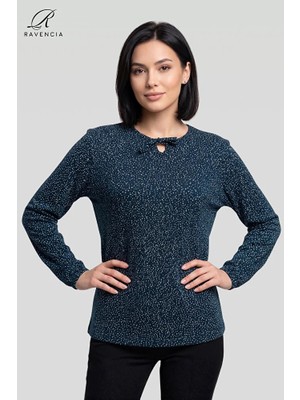 Ravencia Yıldız Desenli Likralı Bağcık Detaylı Bisiklet Yaka Viskon Büyük Beden Anne Penye Bluz