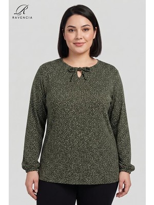 Ravencia Yıldız Desenli Likralı Bağcık Detaylı Bisiklet Yaka Viskon Büyük Beden Anne Penye Bluz