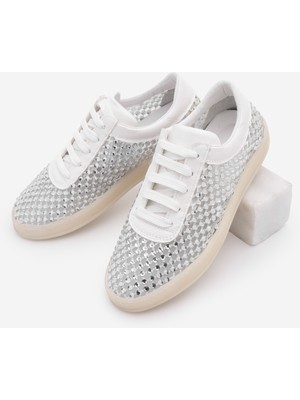 Marjin Kadın Sneaker Gümüş Taşlı Fileli Şık Abiye Spor Ayakkabı Zenisa Beyaz Taş