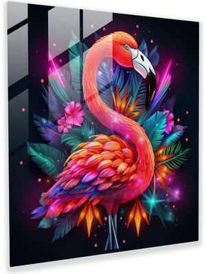 Popcasso Flamingo Retro Esinti Temperli Cam Tablo - Neon Işıklı Flamingo Duvar Dekorasyonu