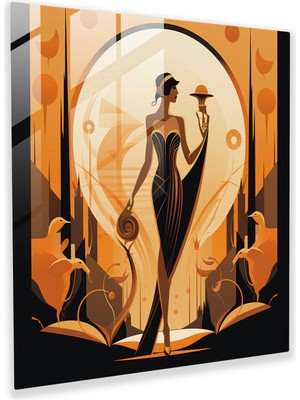Popcasso Art Deco Tarzı Illüstrasyon Temperli Cam Tablo - Sofistike Tasvir ile Duvar Dekorasyonu